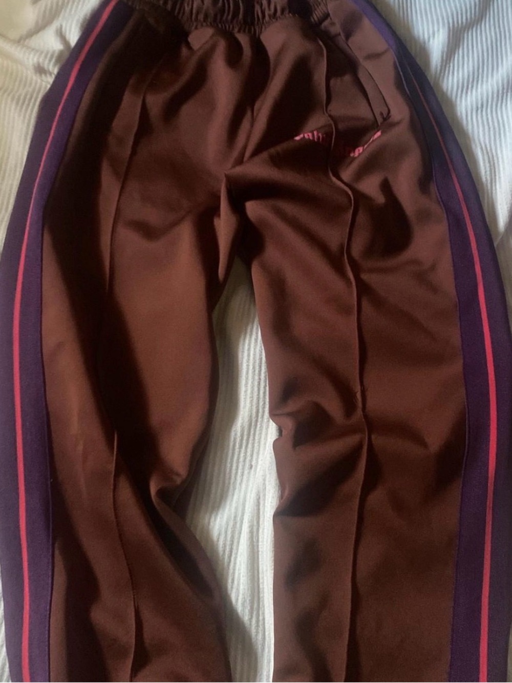 Palm Angels Brown Track Pants with Purple and Pink Side Stripes